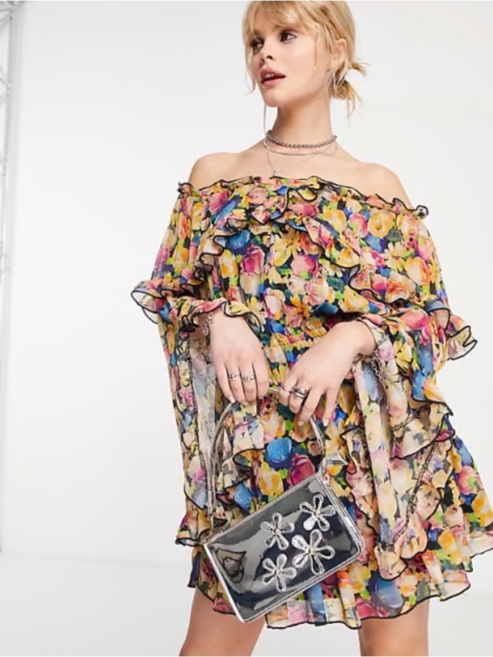 Topshop Floral Frill Ruffle Bardot Off-Shoulder Mini Dress - Multicolor - size 4